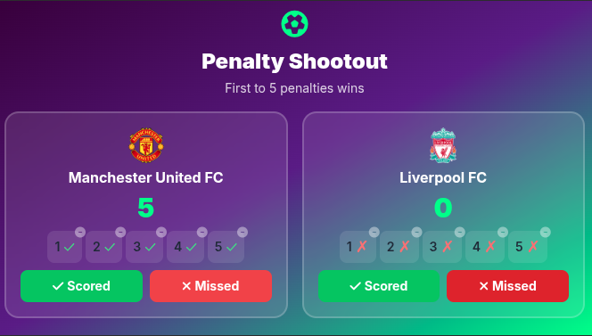 TableMatch penalty shootout screen showing scored and missed penalties