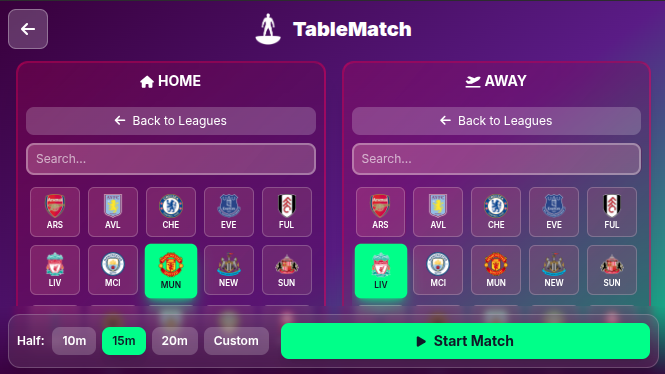 Team selection screen with Manchester United and Liverpool selected