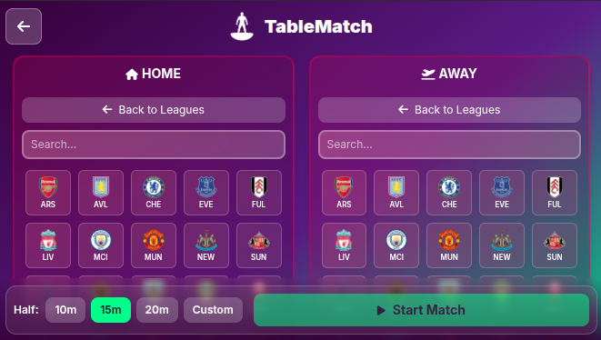 Match setup screen showing half length options